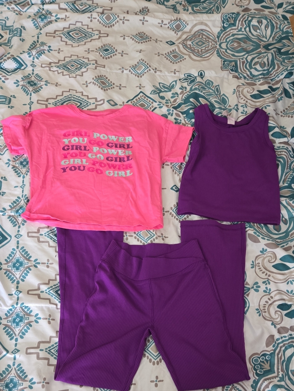 Girls Purple Ribbed Flare Leggings Matching Set & Pink Girl Power Crop Tee